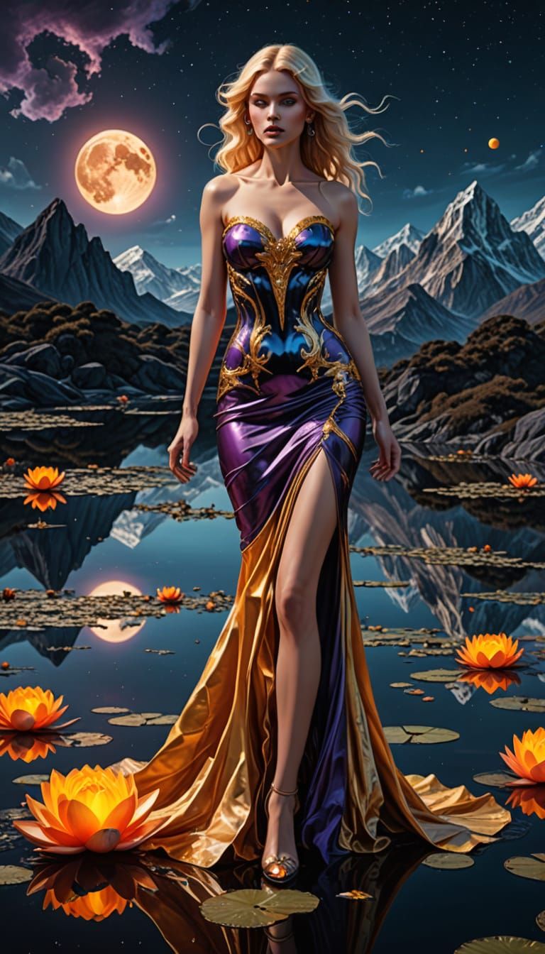 Glamorous Woman Under Glowing Purple Skies