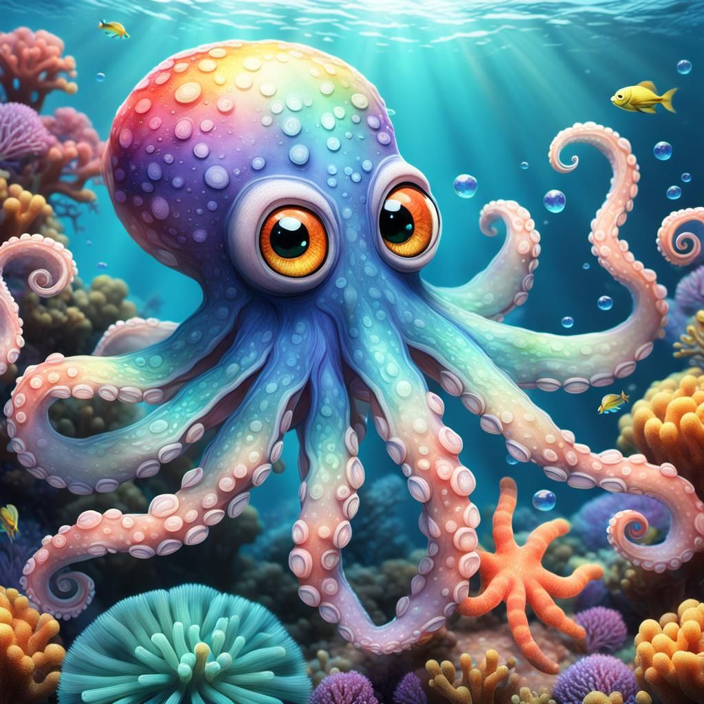 Cute Octopus in Ocean: 3D Anime Art