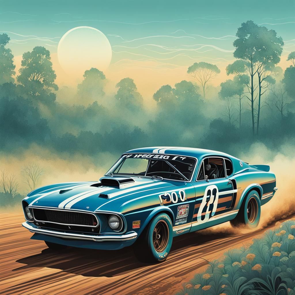 Ford Racing Car in Misty Line Art Style