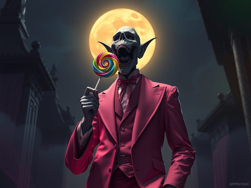 Vampire in Pink Suit with Lollipop: Dark Fantasy Art
