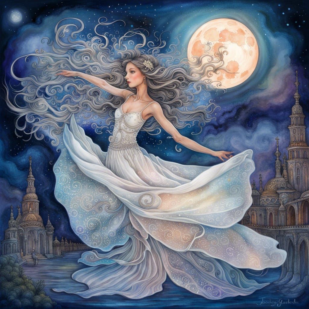 Celestial Dancer Under Moon in Double Exposure Art