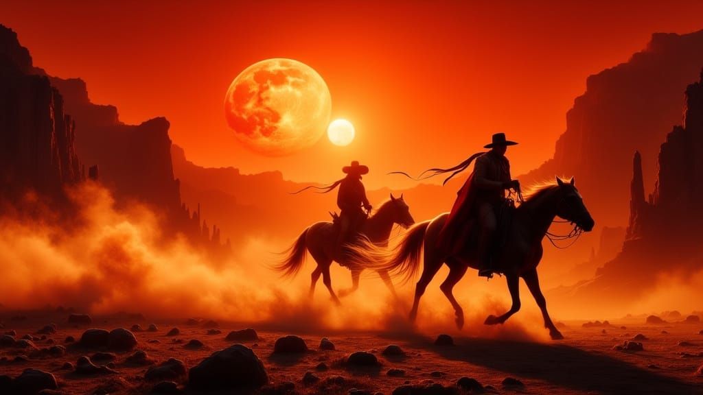 Outlaws Escape in Burning Sunset Western Scene