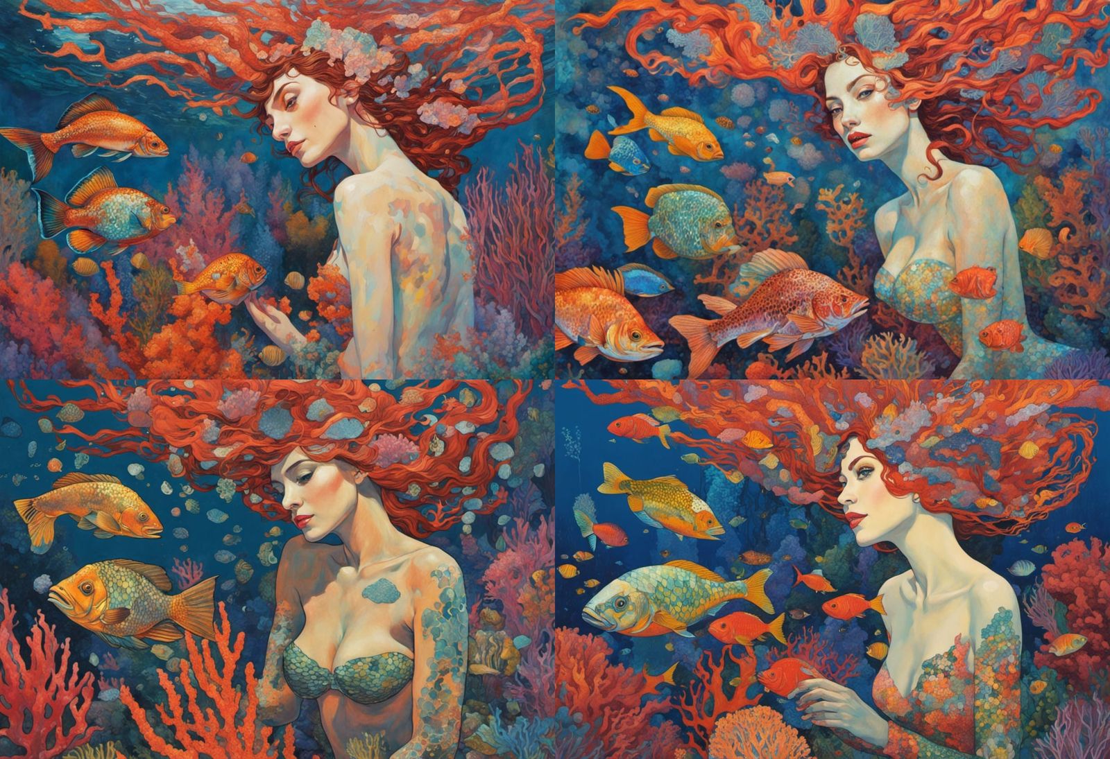 Mermaid in Klimt-Inspired Underwater Fantasy Illustration
