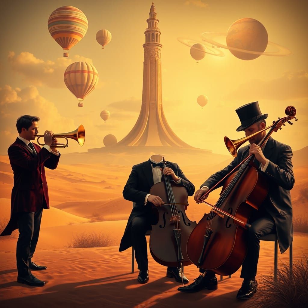 Surrealist Musicians Play in Desert Landscape