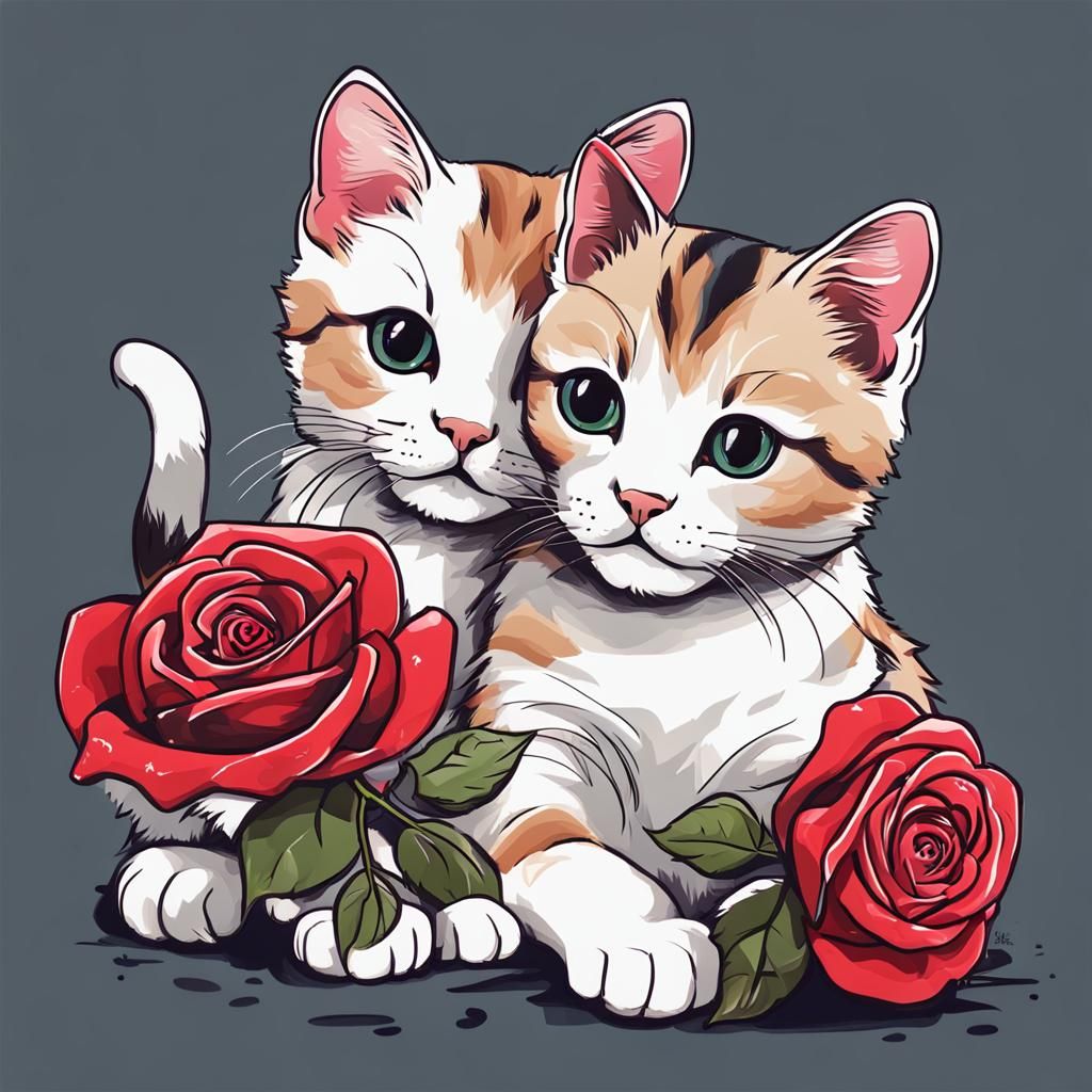 Cute Cats Holding Roses: A Charming Repetition