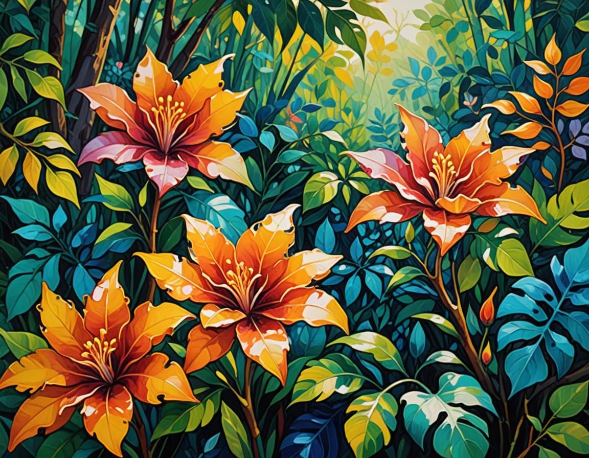 Lush Jungle Flowers as Fauvist Oil Painting