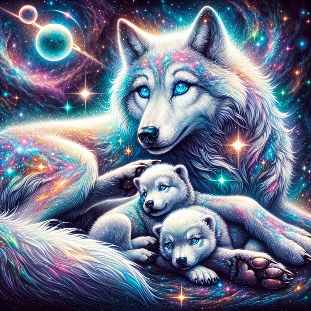 Cosmic Mother Wolf Protecting Cubs Illustration