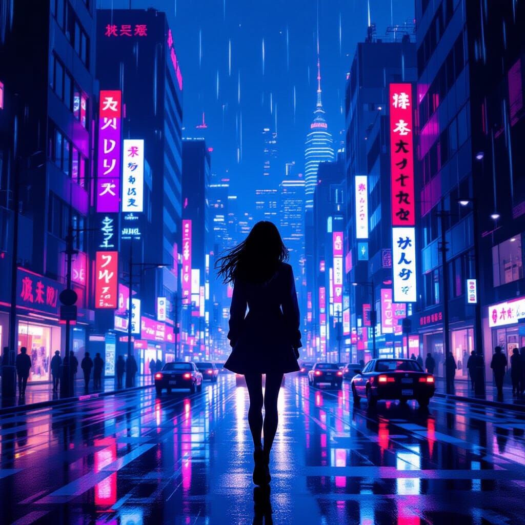 Woman in Neon City Street: Noir Art Style