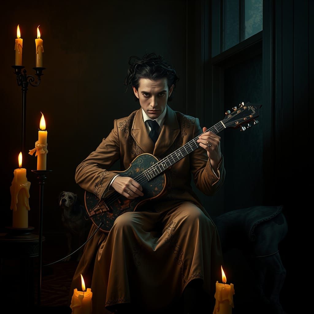 Surreal Musician in Dimly Lit Dreamscape