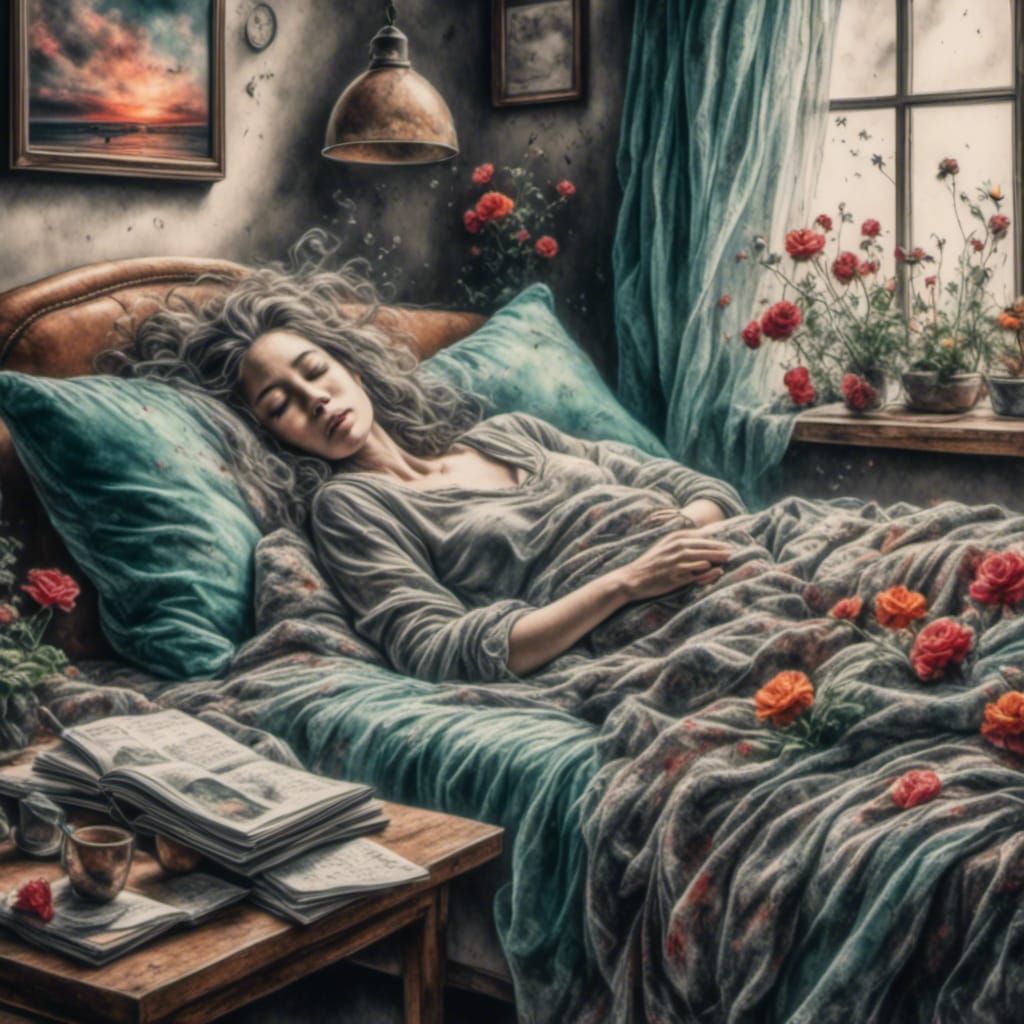 Woman Sleeping on Couch in Pastel Art Style