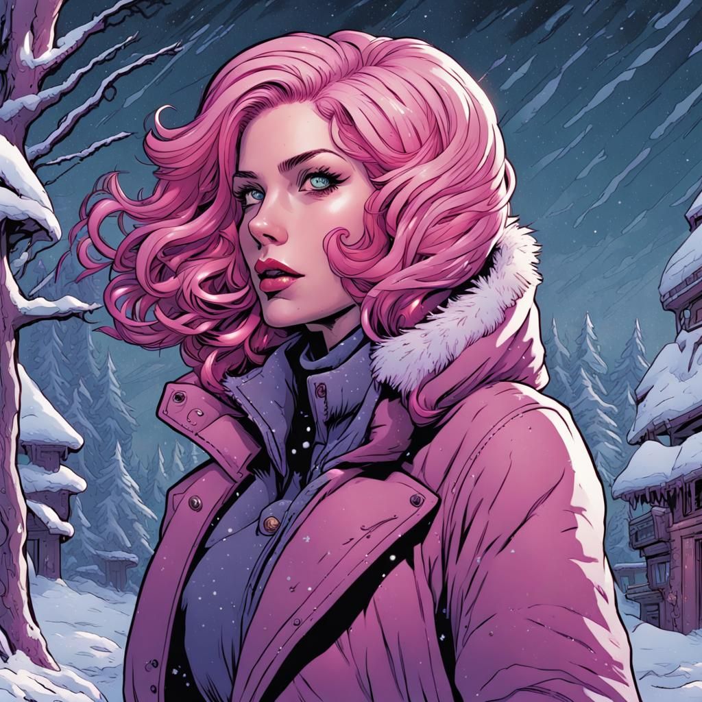 Pink-Haired Woman in Winter Wonderland: Comic Book Art