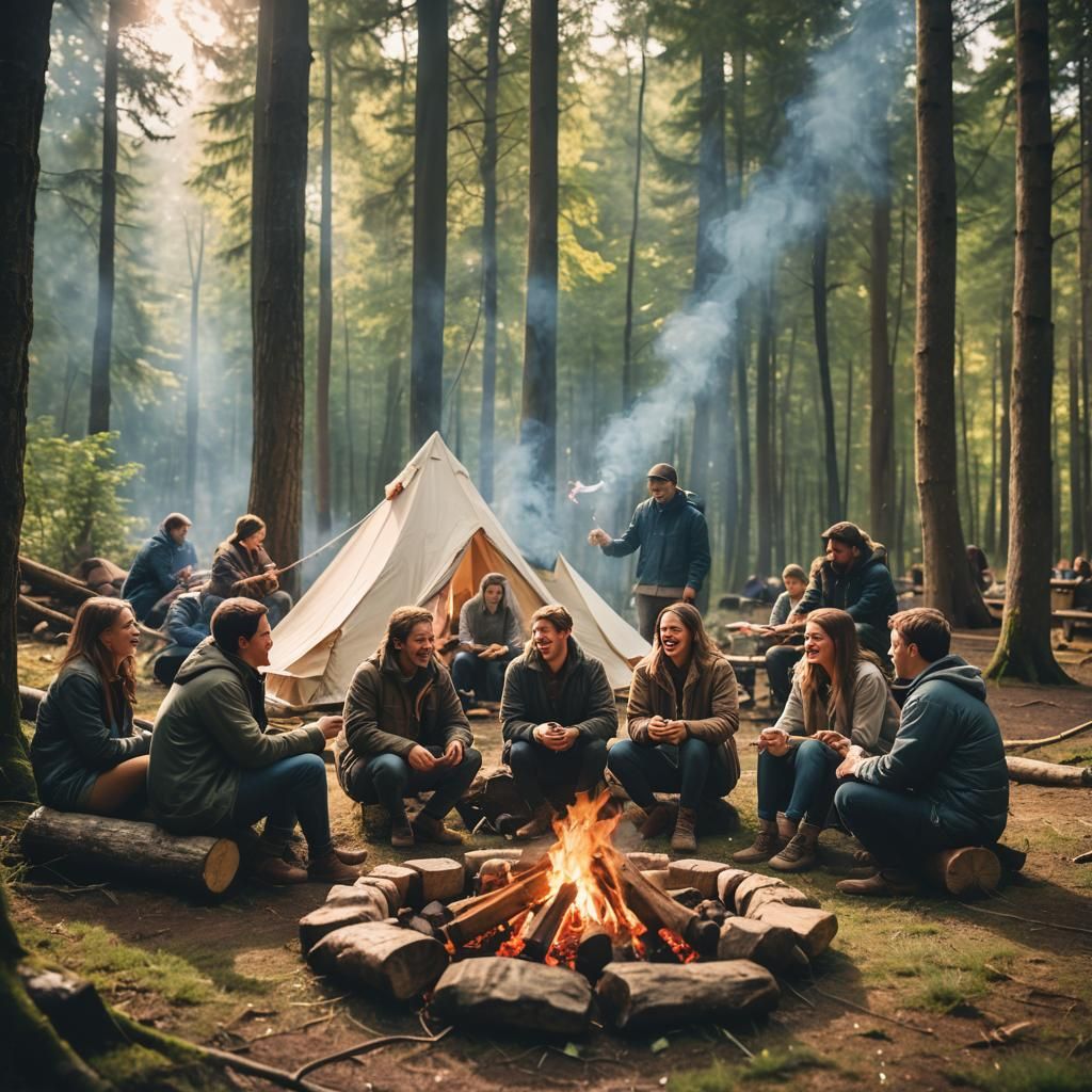 Friends Gathered Around Campfire in Forest Clearing