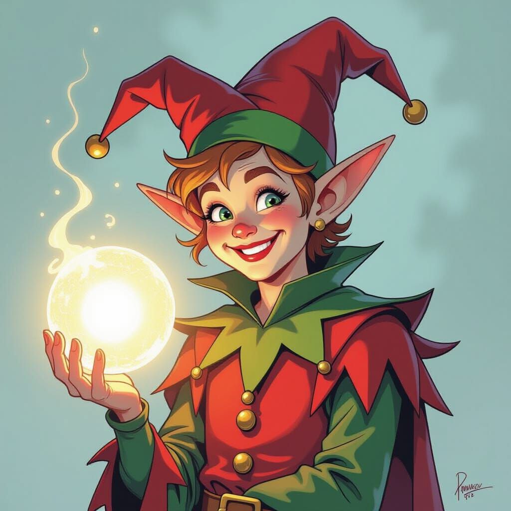 Comic Style Elf Jester with Glowing Orb
