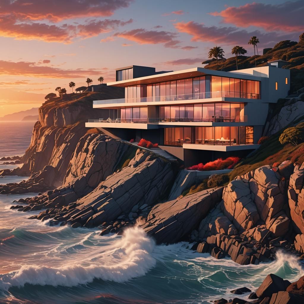 Malibu Cliff House at Sunset: Hyper-Realistic Digital Art