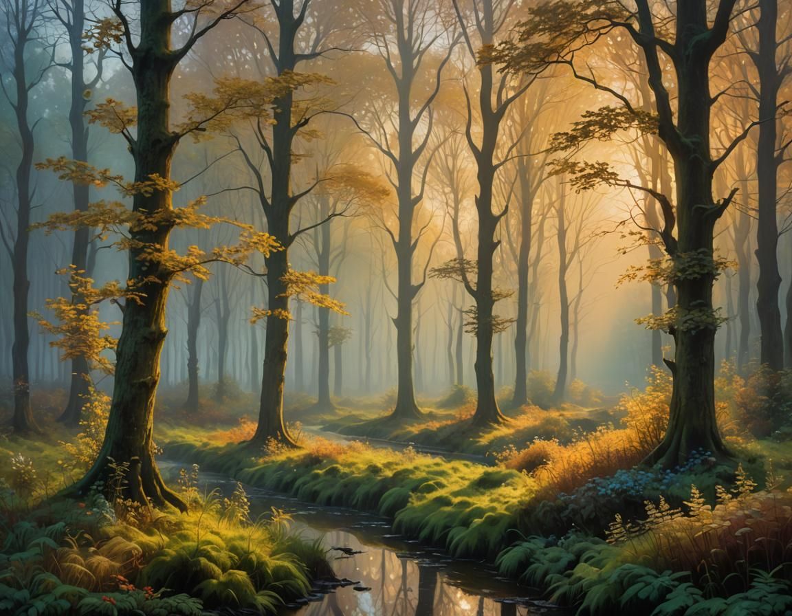 Impressionist Fantasy Landscape with Golden Hour Lighting