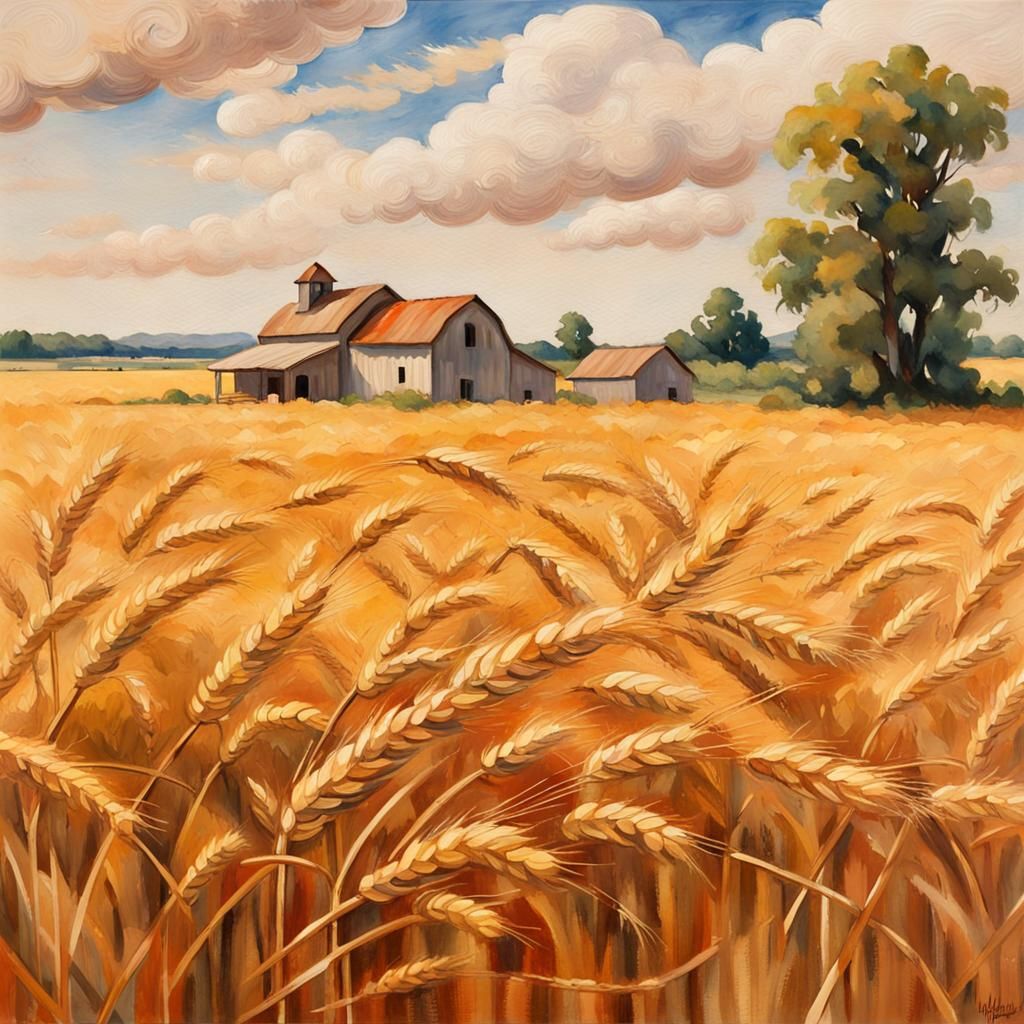 Golden Wheat Field in Gouache Watercolor Style