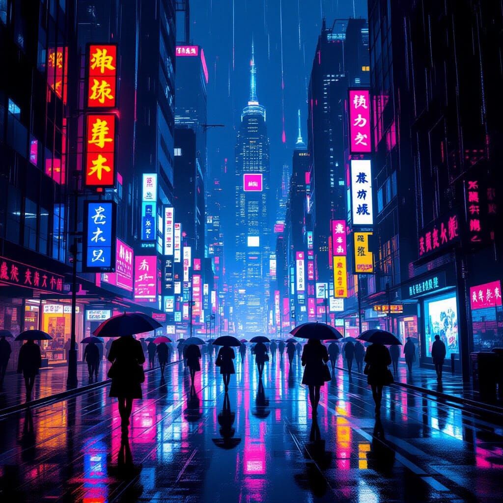 Cyberpunk City Street at Night with Neon Reflections