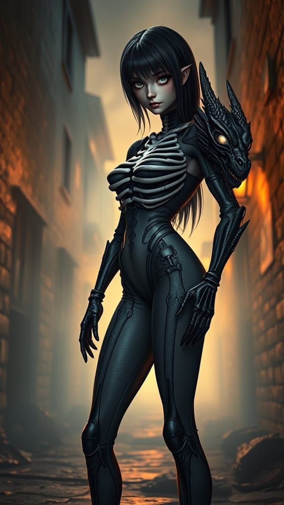 Gothic Enforcer in Foggy Alley: 3D Anime Art