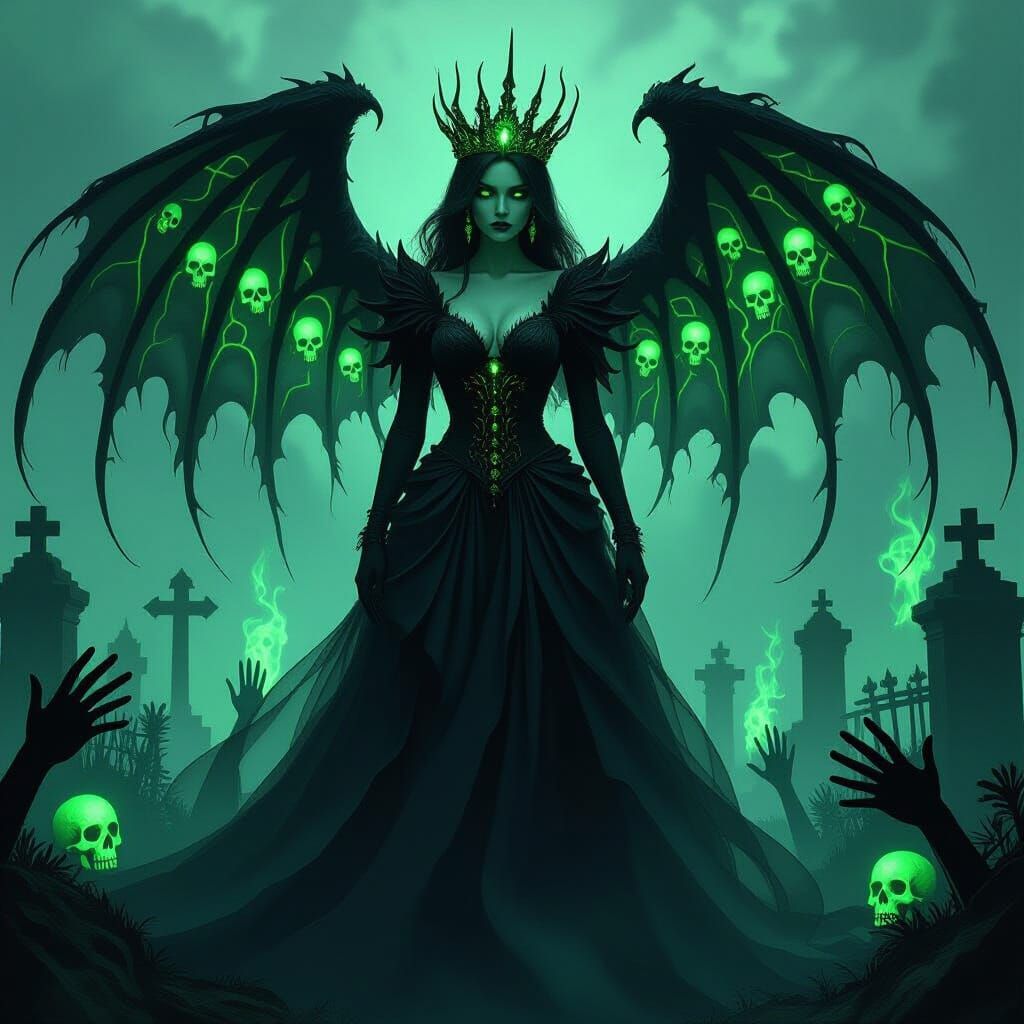 Gothic Woman with Emerald Fire in Haunted Graveyard