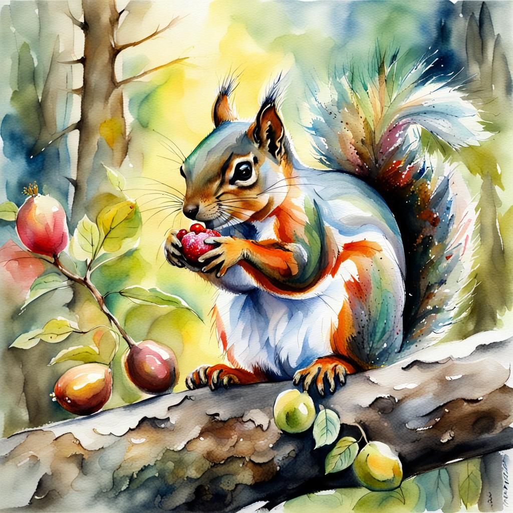 Squirrel with Nut: Watercolour Fantasy in Pastel Colors