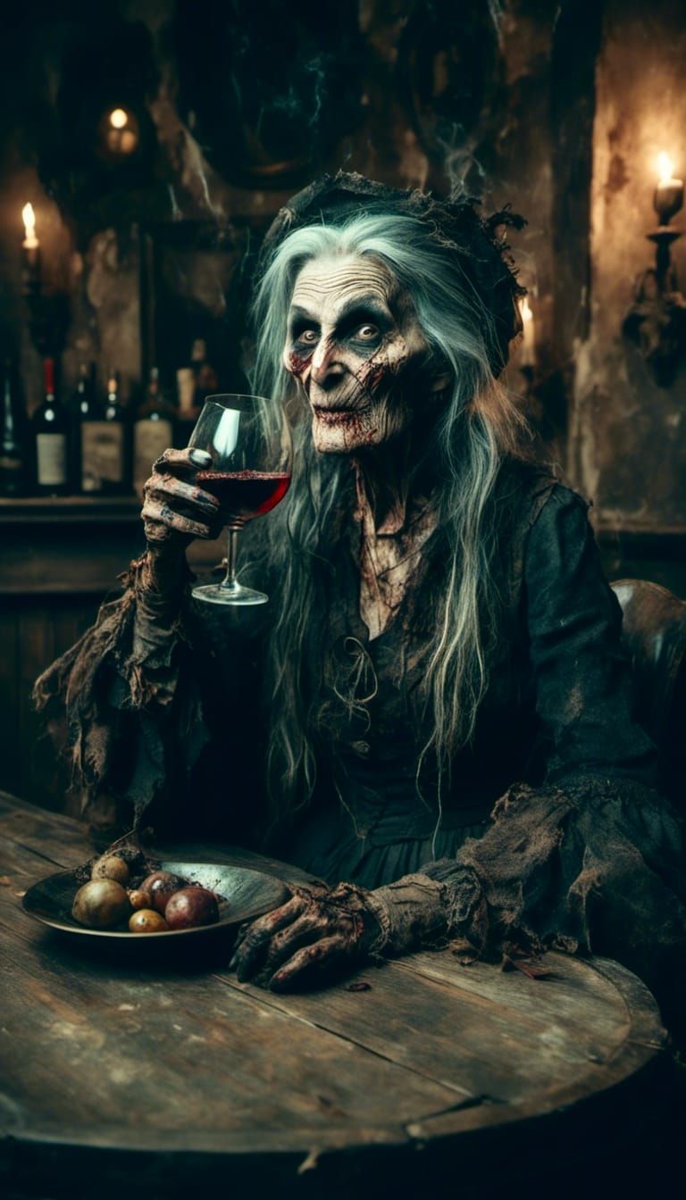 Macabre Witch Drinks Wine in Tavern
