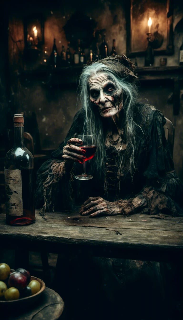 Macabre Old Witch Drinks Wine in Tavern