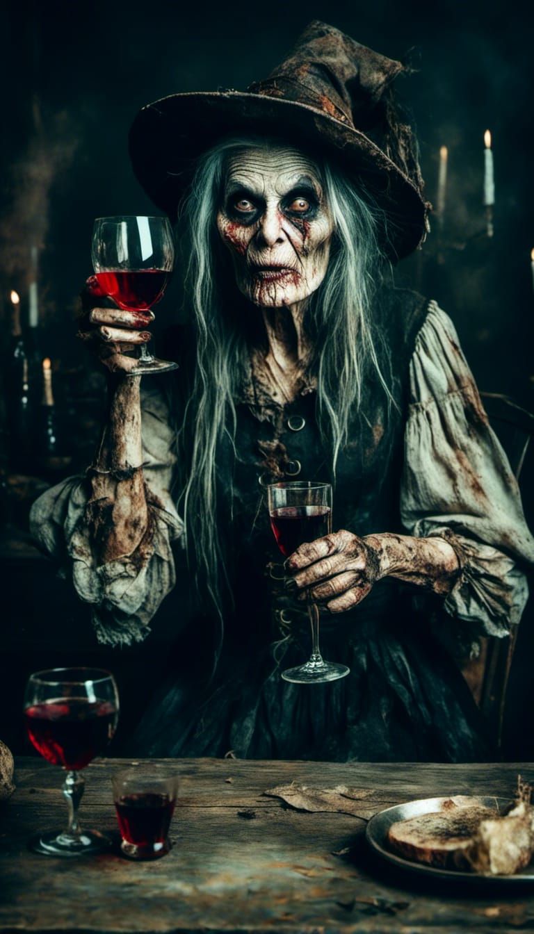 Macabre Old Witch Drinks Wine in Tavern