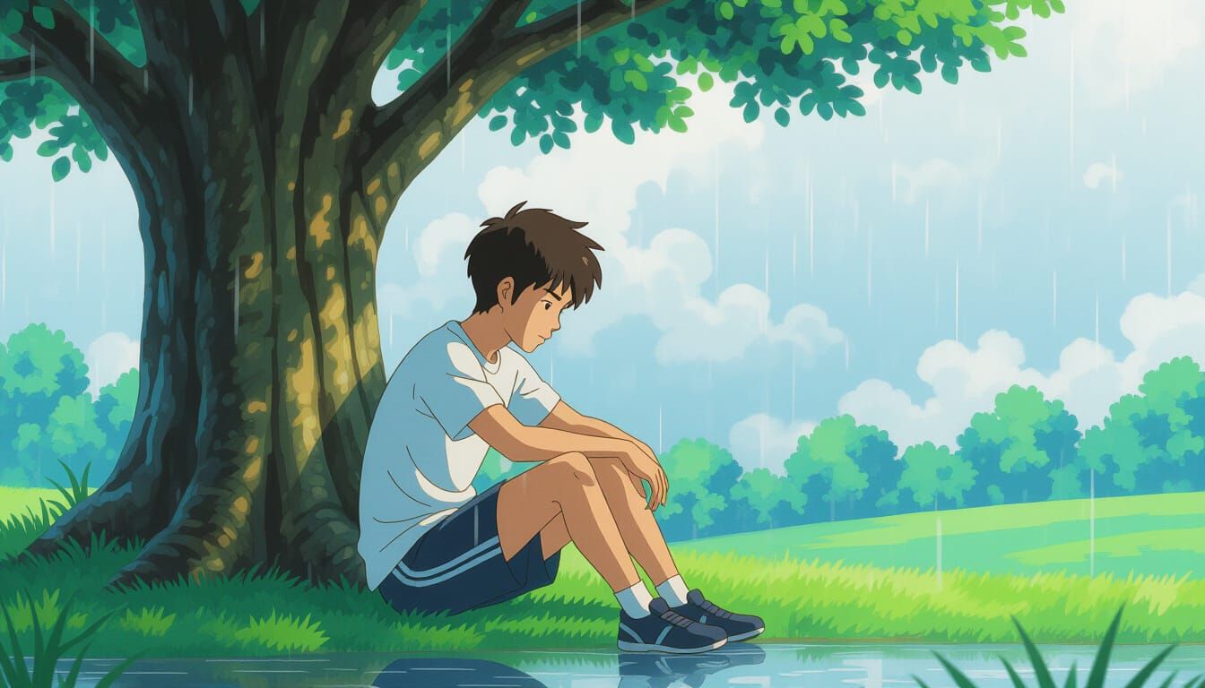 Exhausted Teen Boy Under Tree in Rainy Morning