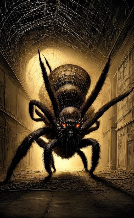 Colossal Spider Perched in Web: Dark Fantasy Illustration