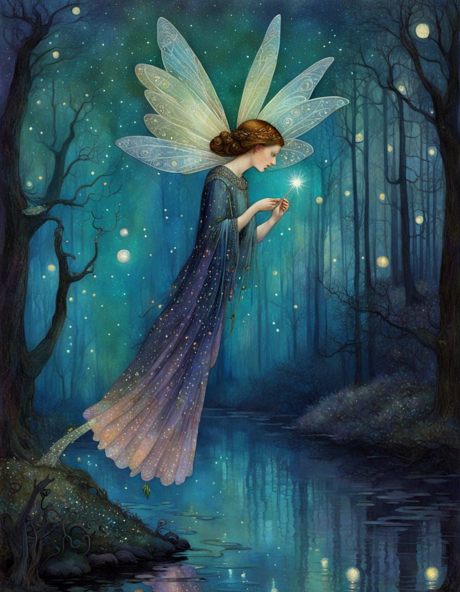 Whimsical Fairies Dance Under Starry Night Sky in Art Nouvea...