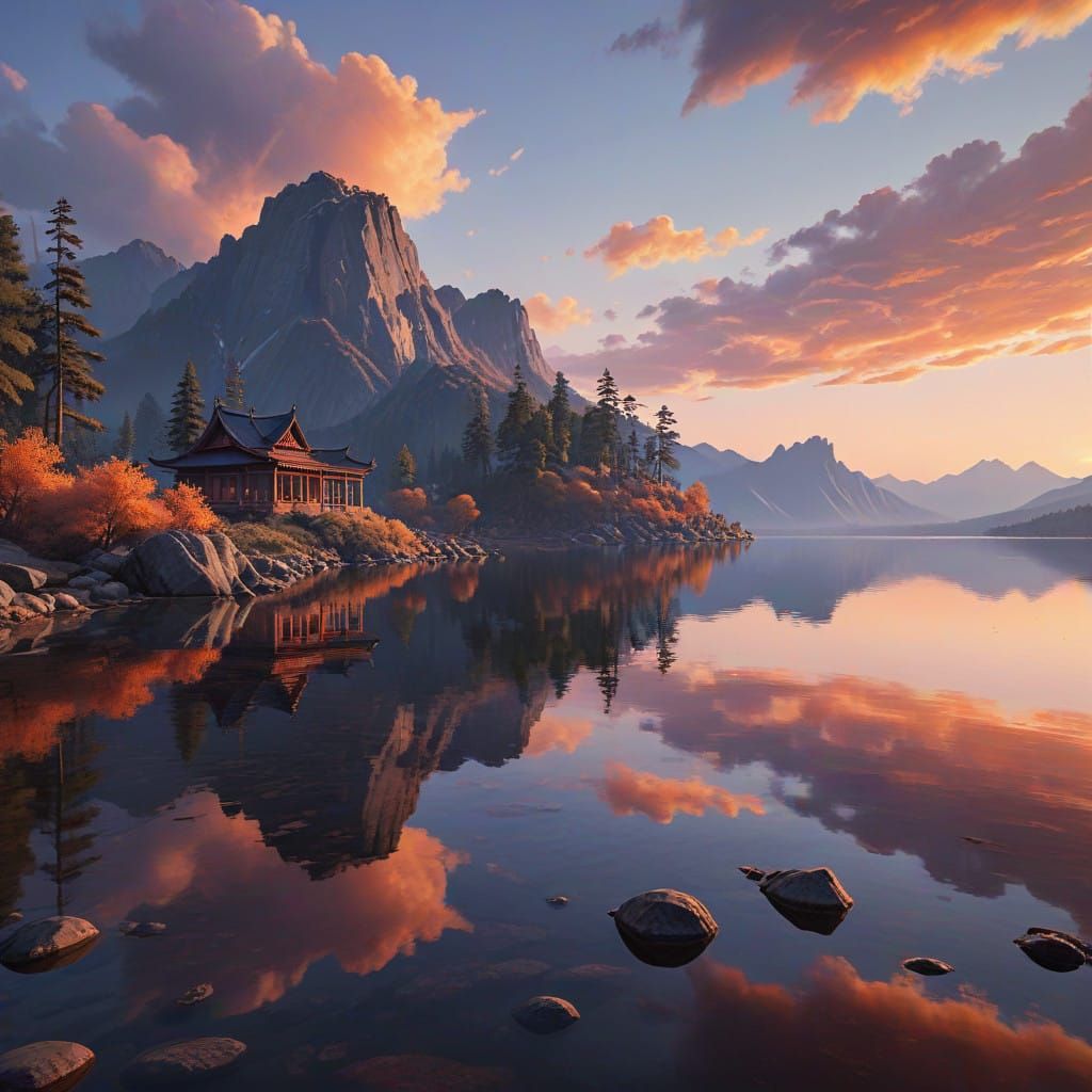 Breathtaking Heaven Lake Sunset in Hyperrealistic Landscape...