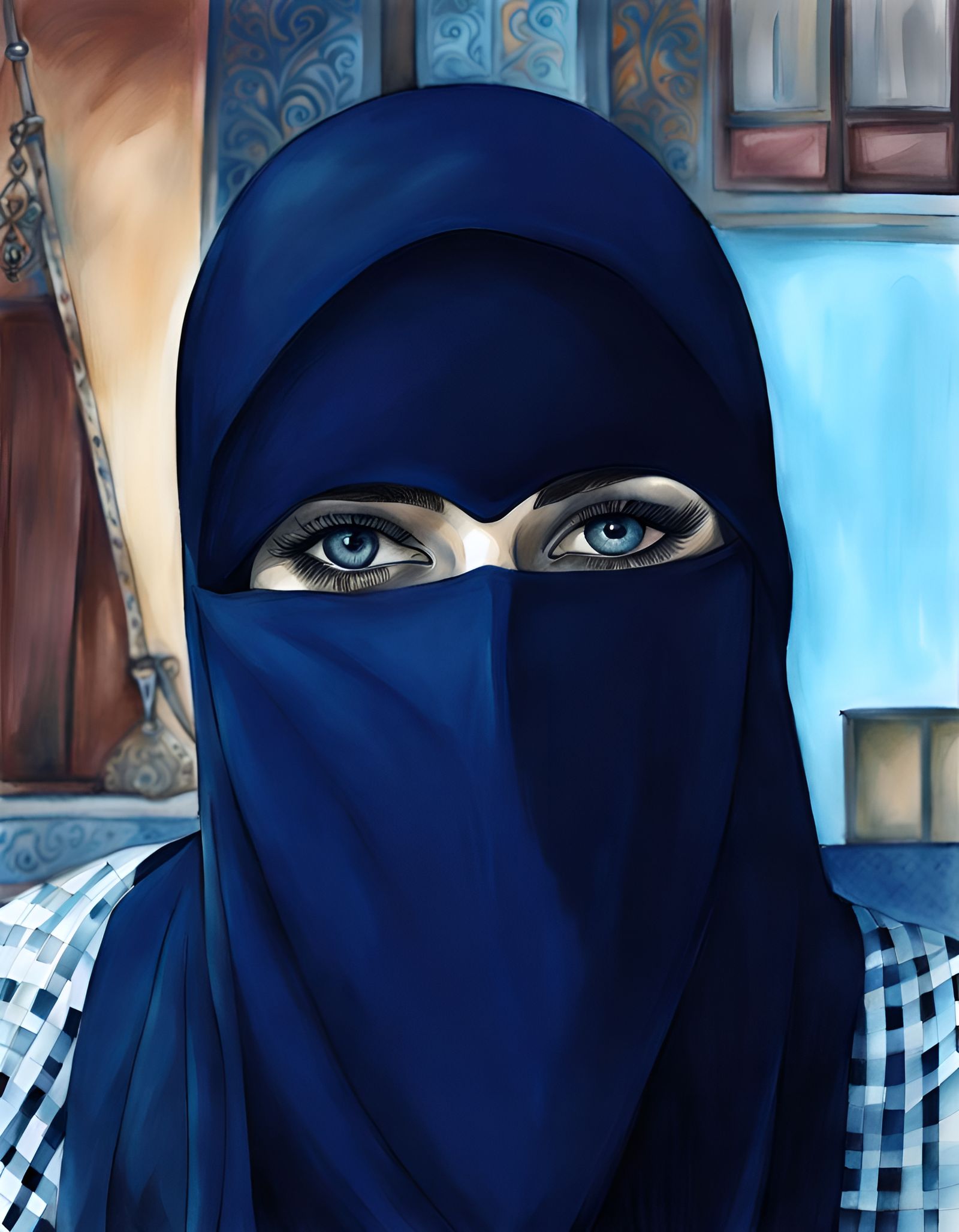 Woman in Niqab: Detailed Watercolor and Ink Drawing