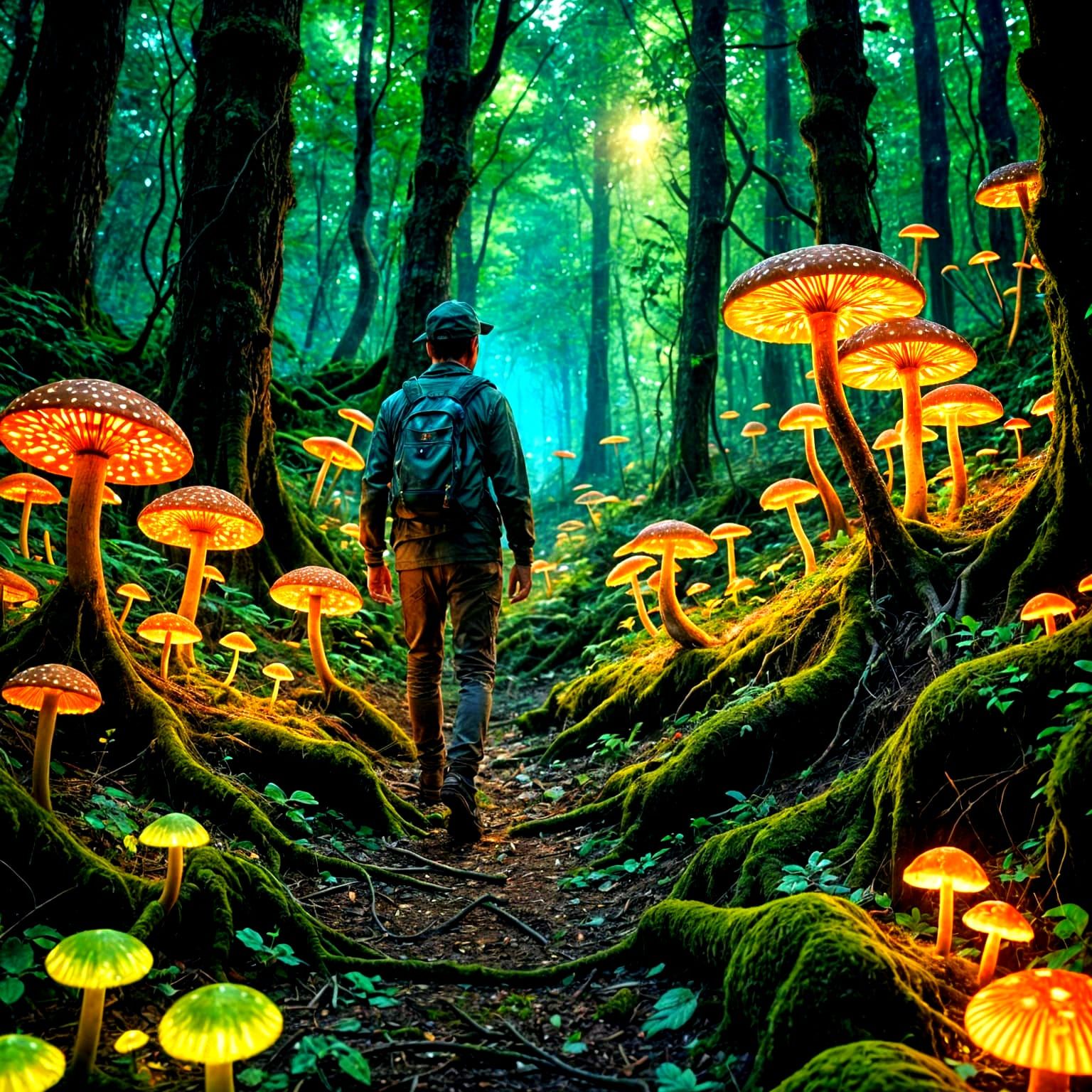 Twilight Forest with Glowing, Fluorescent Flora