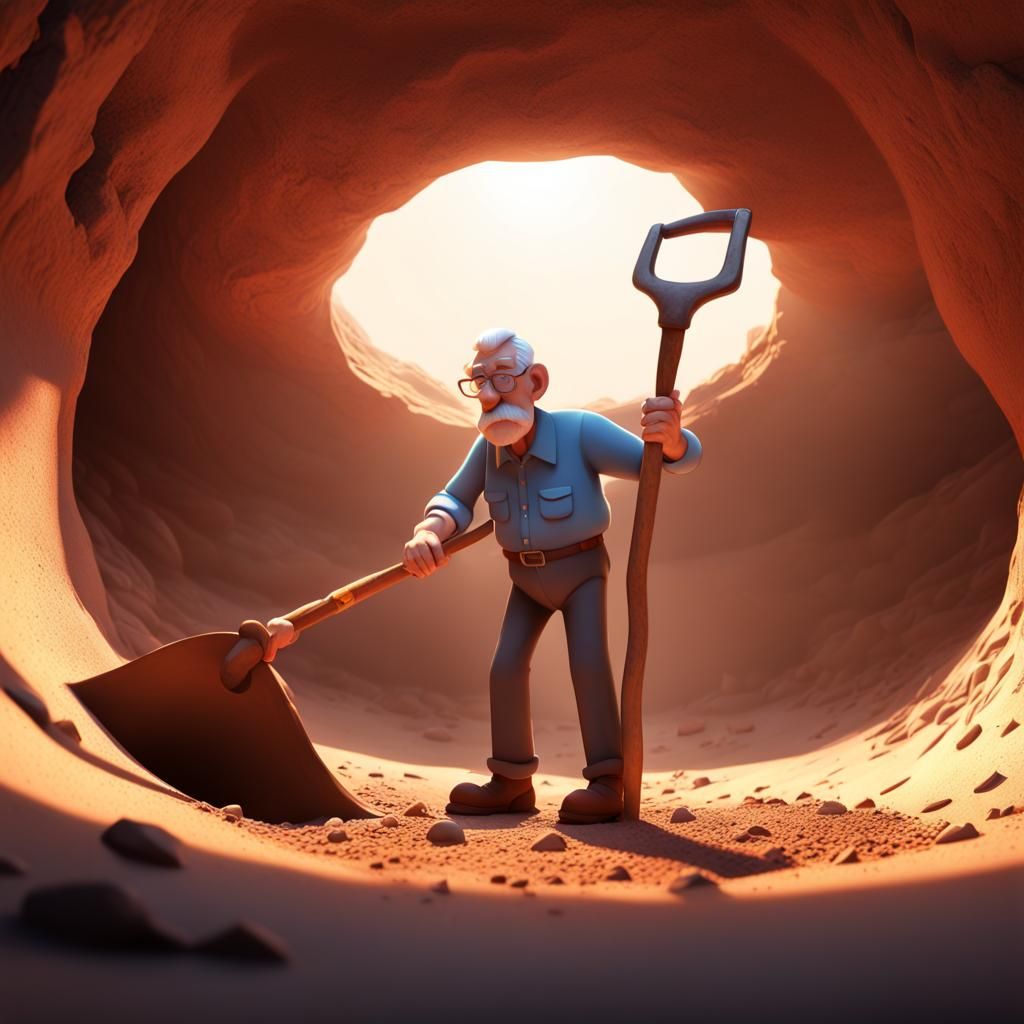 Elderly Man Digging: 3D Cartoon Concept Art