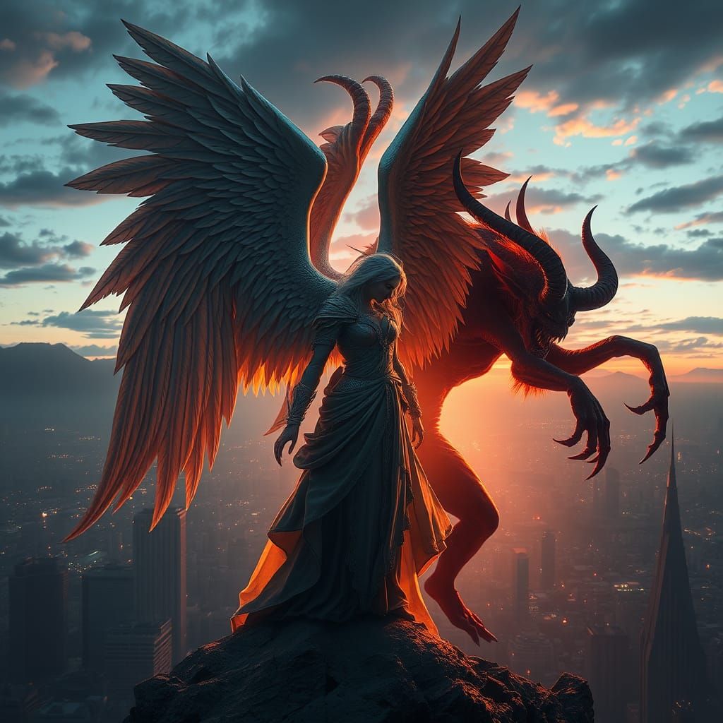 Angel and Demon in Dystopian Cityscape