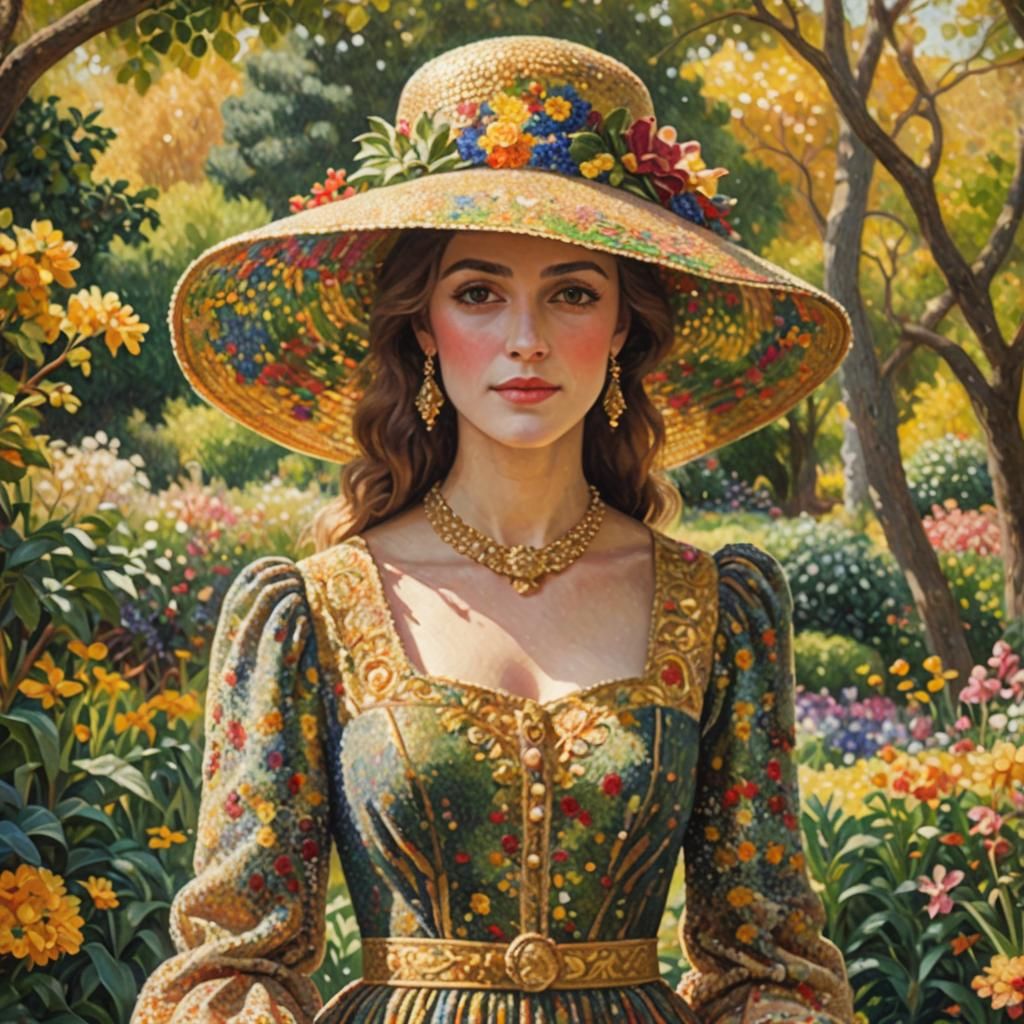 Pointillist Woman in Garden, Impressionist Painting