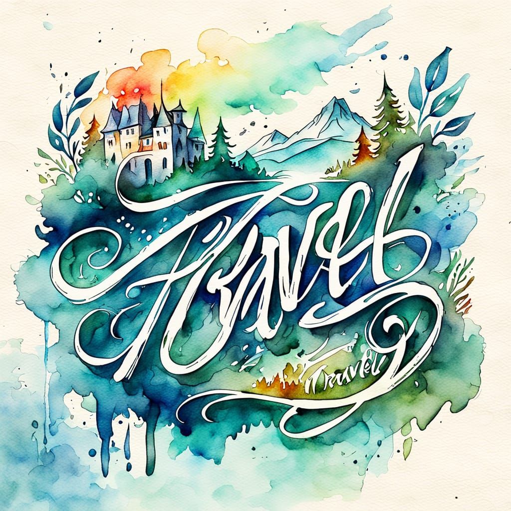 Stylized Watercolor Calligraphy Logo for "Travel"