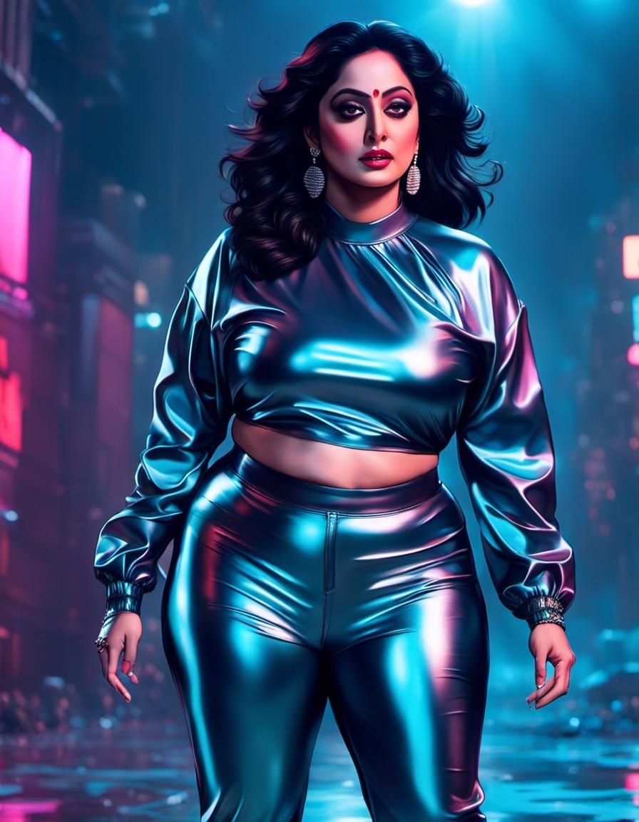 Curvy Woman in Cyberpunk Neon Cityscape