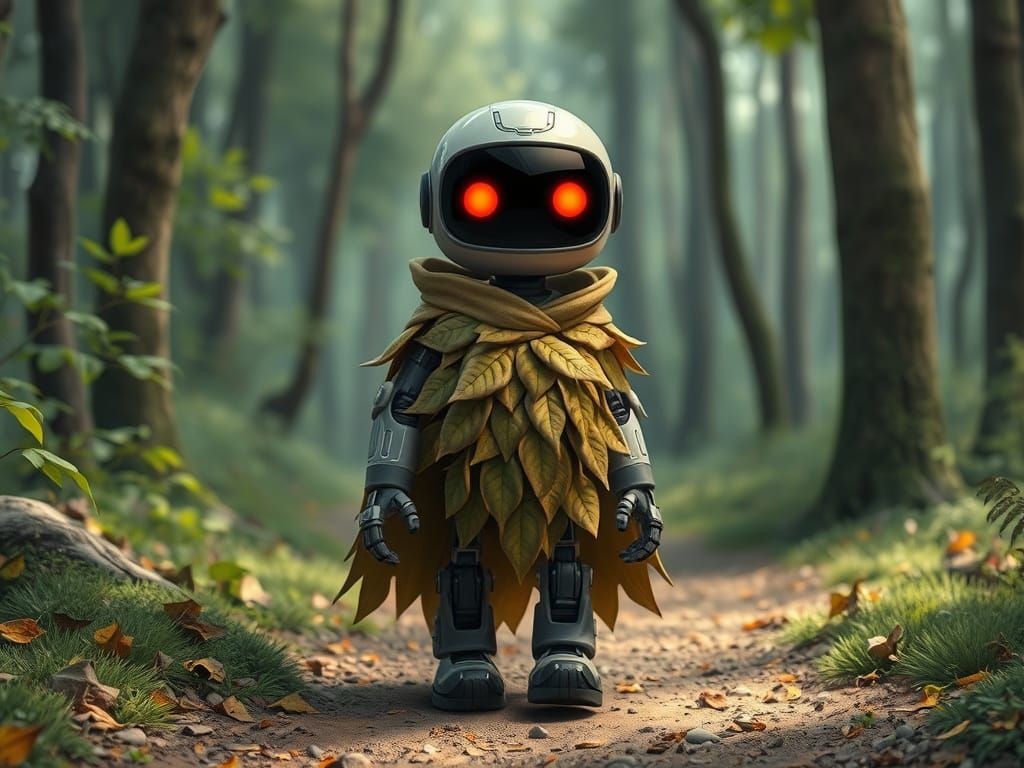 Cartoon Robot in Leaf Cloak Walks Forest Path