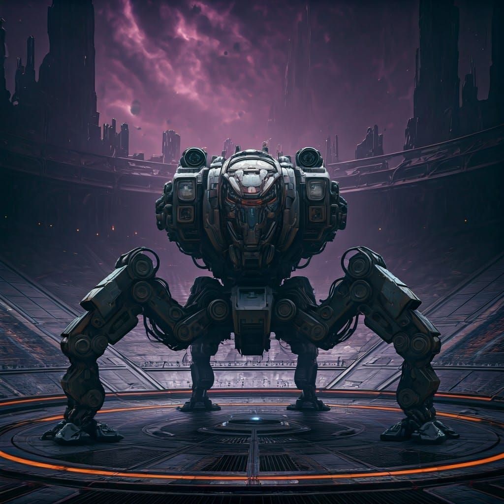 Cyberpunk Mecha Robot Quadraxis Powers On in Dark Aether Dim...
