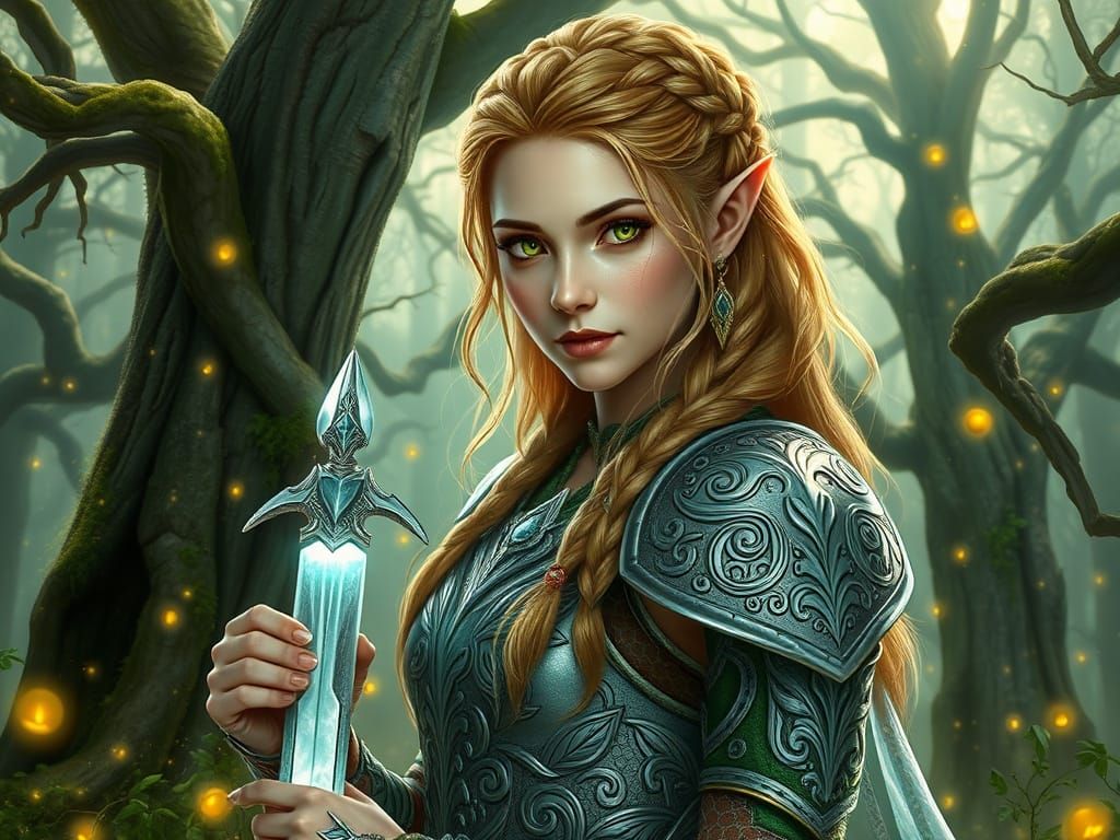 Serenely Elegant Elven Warrior Princess in Luminous Forest