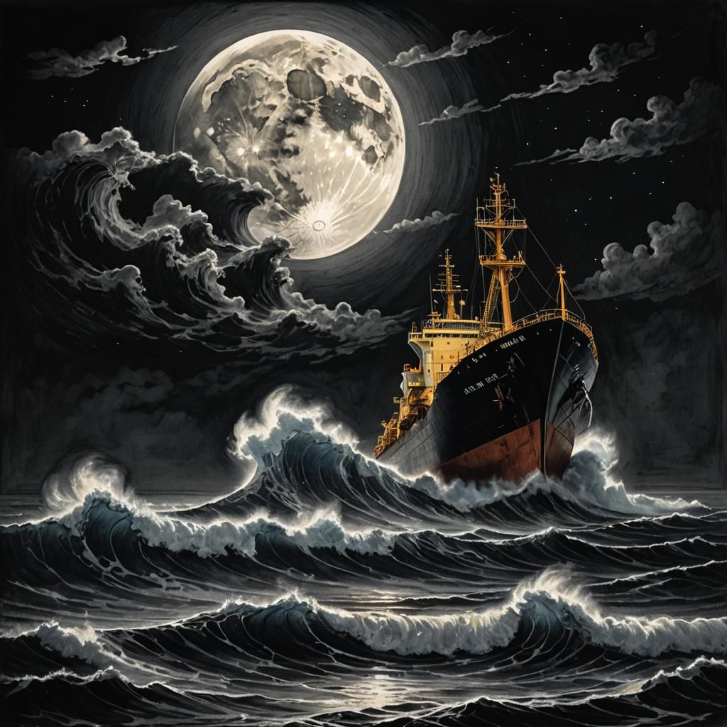 Dramatic Charcoal Drawing of Ship in Giant Wave