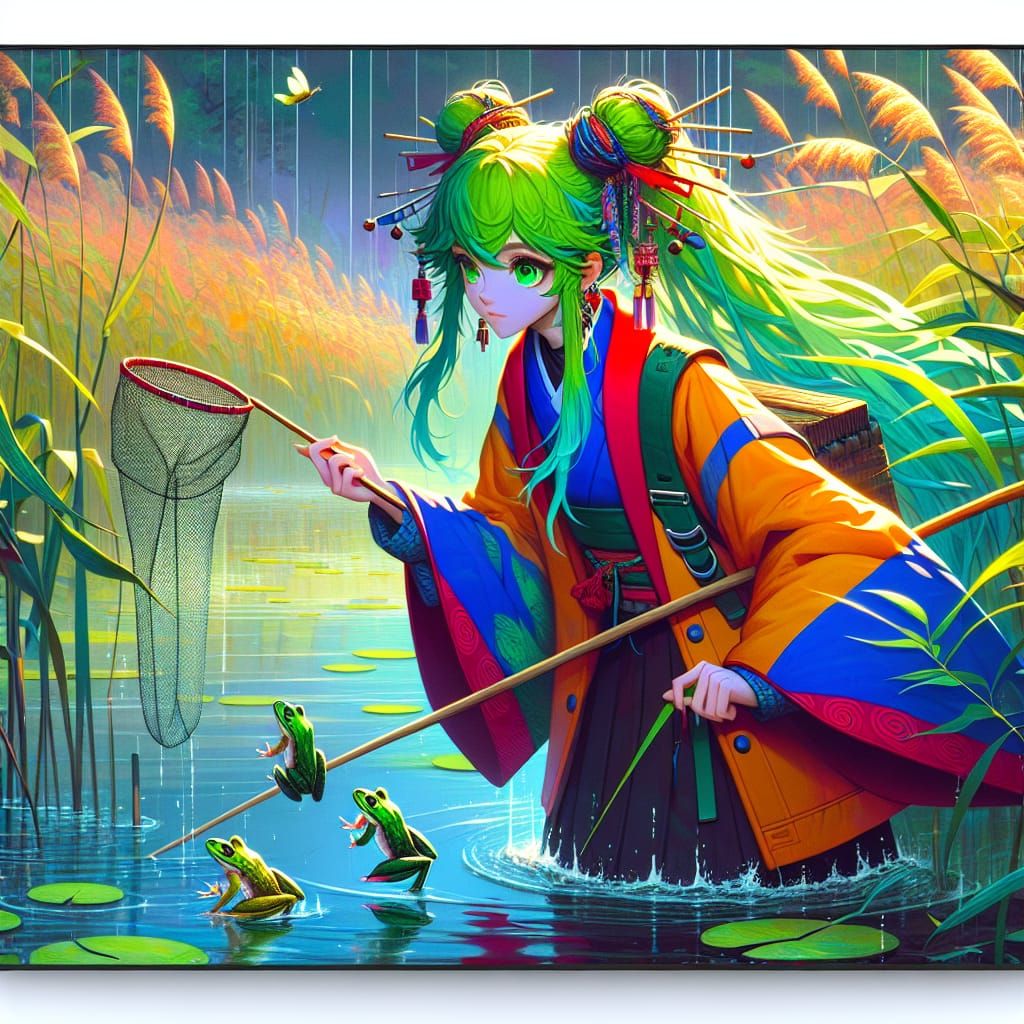 Anime Girl Frog Catching in Rainy Pond