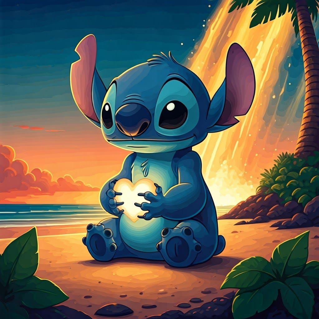 Stitch Cradles a Heart on Hawaiian Beach