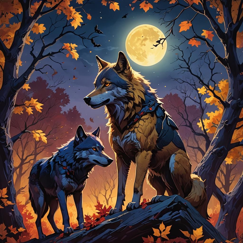 Wolf and Bat Cuddle on Autumn Moonlit Night