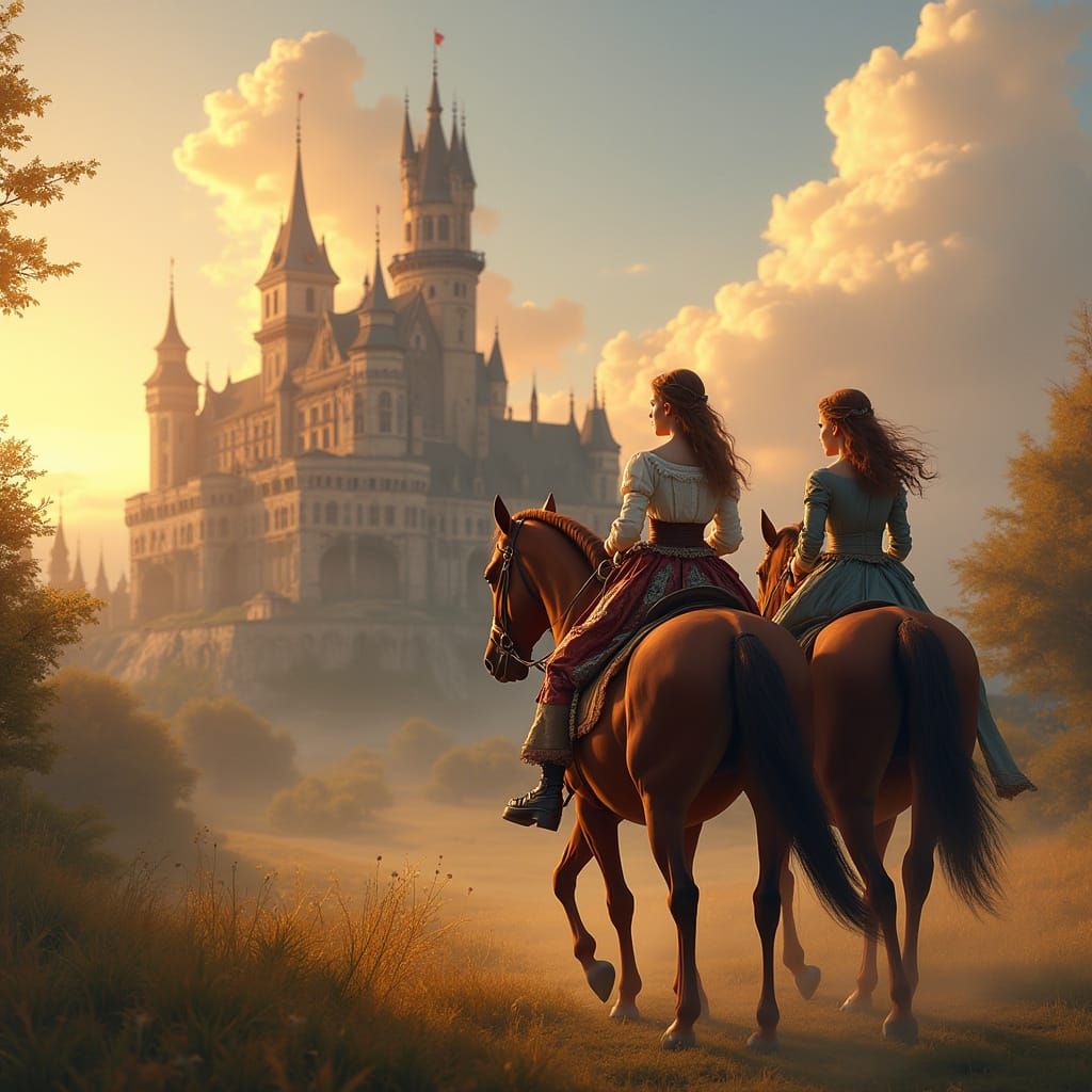 Elegant Ladies Ride to Majestic Castle Amidst Sunset Hues
