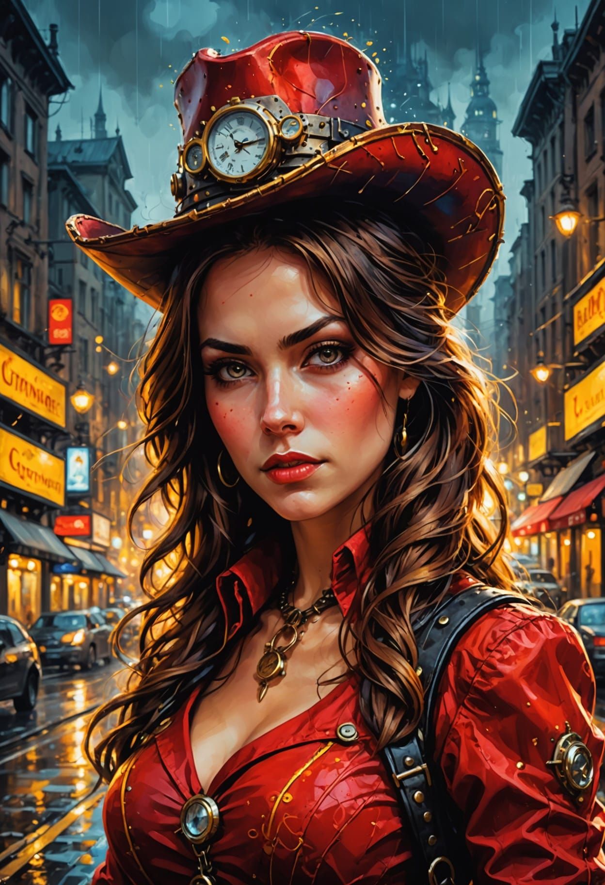 Steampunk Cowgirl Portrait in Vivid Oil Painting Style