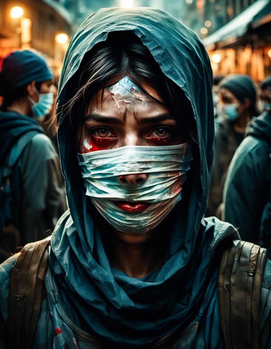 Bandaged Woman in City Square: Hyper-Realistic Portrait