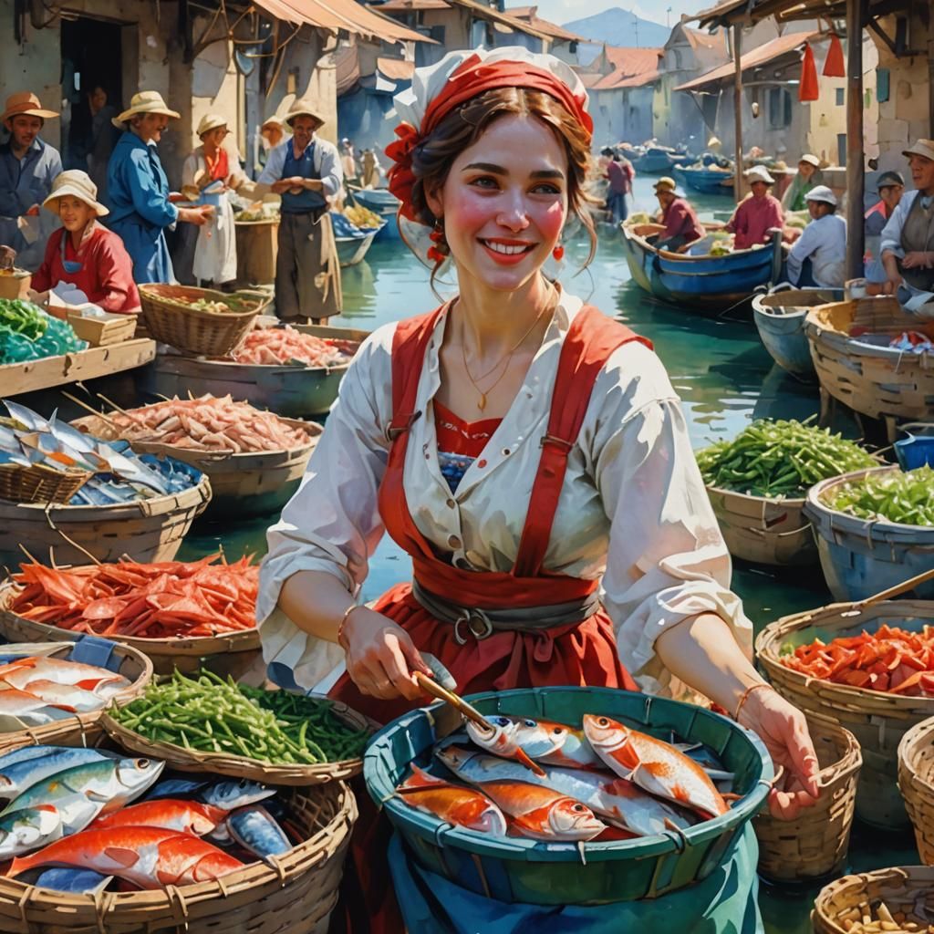 Fisher Wife Selling Fish in European Market