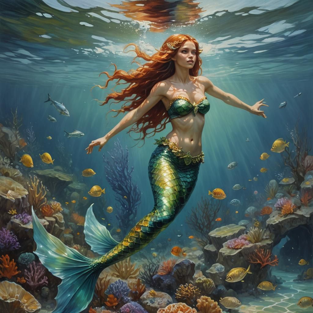 Enchanting Mermaid in Ocean, Oil Painting Style